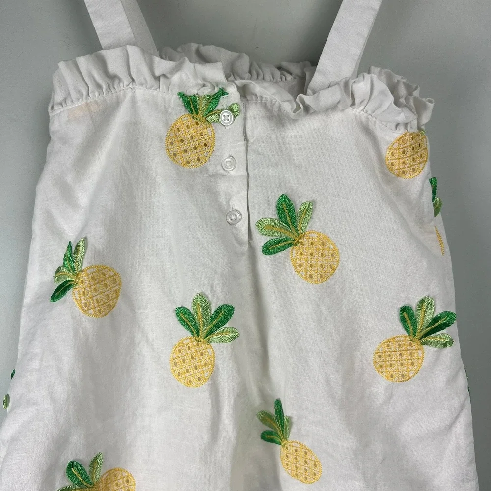 Janie and Jack Girls White Pineapple Embroidered Ramie Cotton Dress Size 6